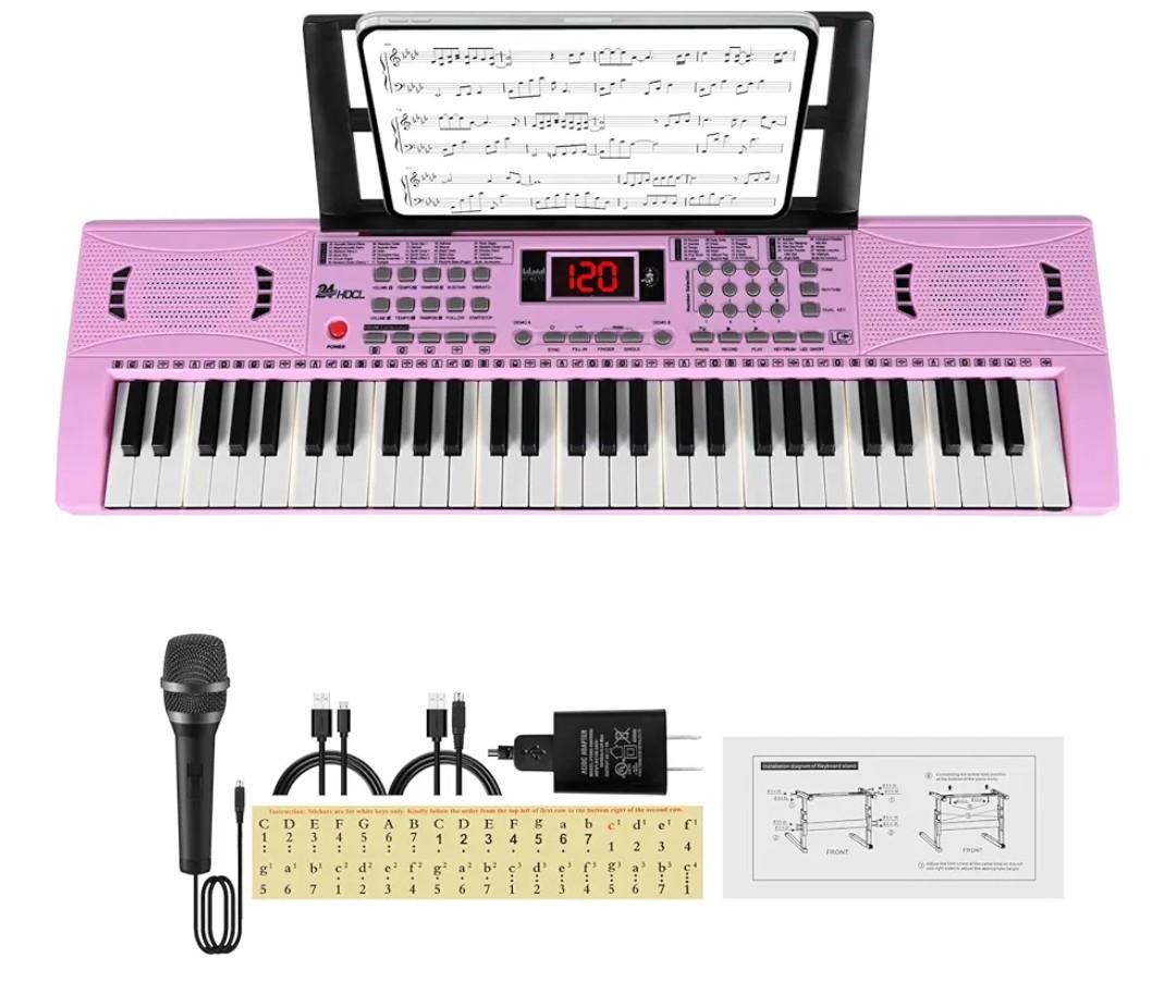 Electric Piano Keyboard, Digital 61 Key Piano Keyboard Kids with Speaker Microphone & Music Sheet Stand, Gift for Children Early Education Beginners, Pink