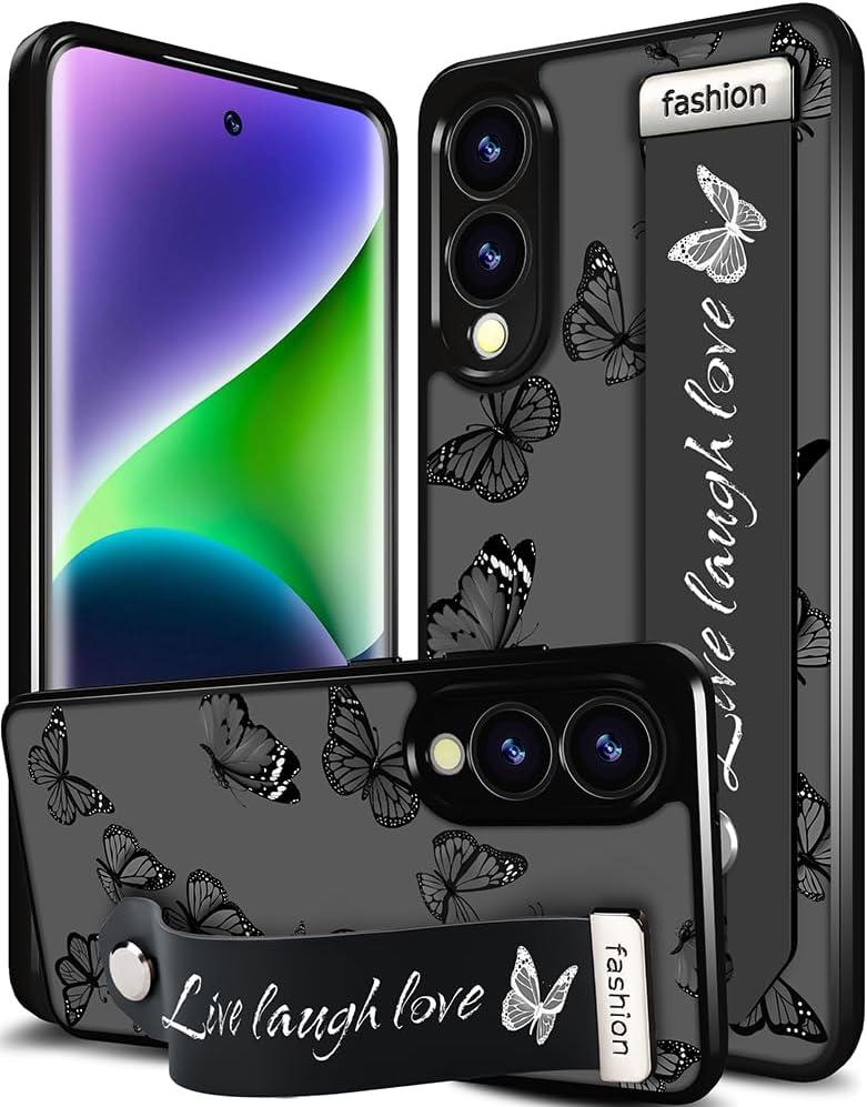 Compatible for Samsung Galaxy S25 Edge Case Cute with Strap Stand Finger Kickstand, Designer Cool Silicone Cases Funda Cover - Black Butterfly Butterflies