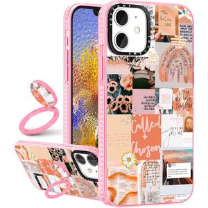 Toycamp for iPhone 12/12 Pro Case for Women, Vintage Collage Art Design, Girls Teens Cute Print Case with Ring Kickstand Cover for iPhone 12/12 Pro (6.1 Inch) (Pink Quotations)