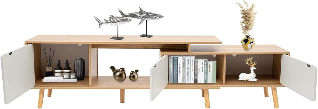 TV Stand Modern Wooden Freestanding Home Entertainment Console with 3 Compartments TV and Media Console Table Adjustable Television Shelves Adjustable Length: 47.2-78.7in (Wood Color)
