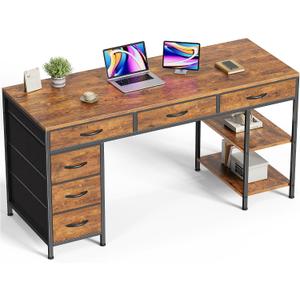 Huuger Computer Desk with 6 Drawers, Office Desk with Shelves, Reversible Gaming Desk, Corner Desk with Storage, Work for Home Office, Study, Living Room, 54inch, Rustic Brown