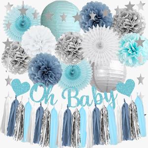 Dusty Blue Baby Shower Decorations Light Blue and White Baby Boy Shower Decorations Dusty Blue Silver Poms White Fans Lanterns with Oh Baby Banner Silver Tassel Garland for Boys