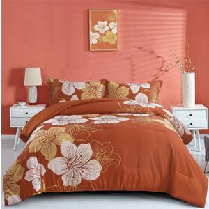 Menghomeus Burnt Orange Comforter Set Queen Gold Floral Comforter Terracotta Botanical Bedding Sets Soft Microfiber Thanksgiving Bed Comforter Set for All Season (1 Comforter, 2 Pillowcases)