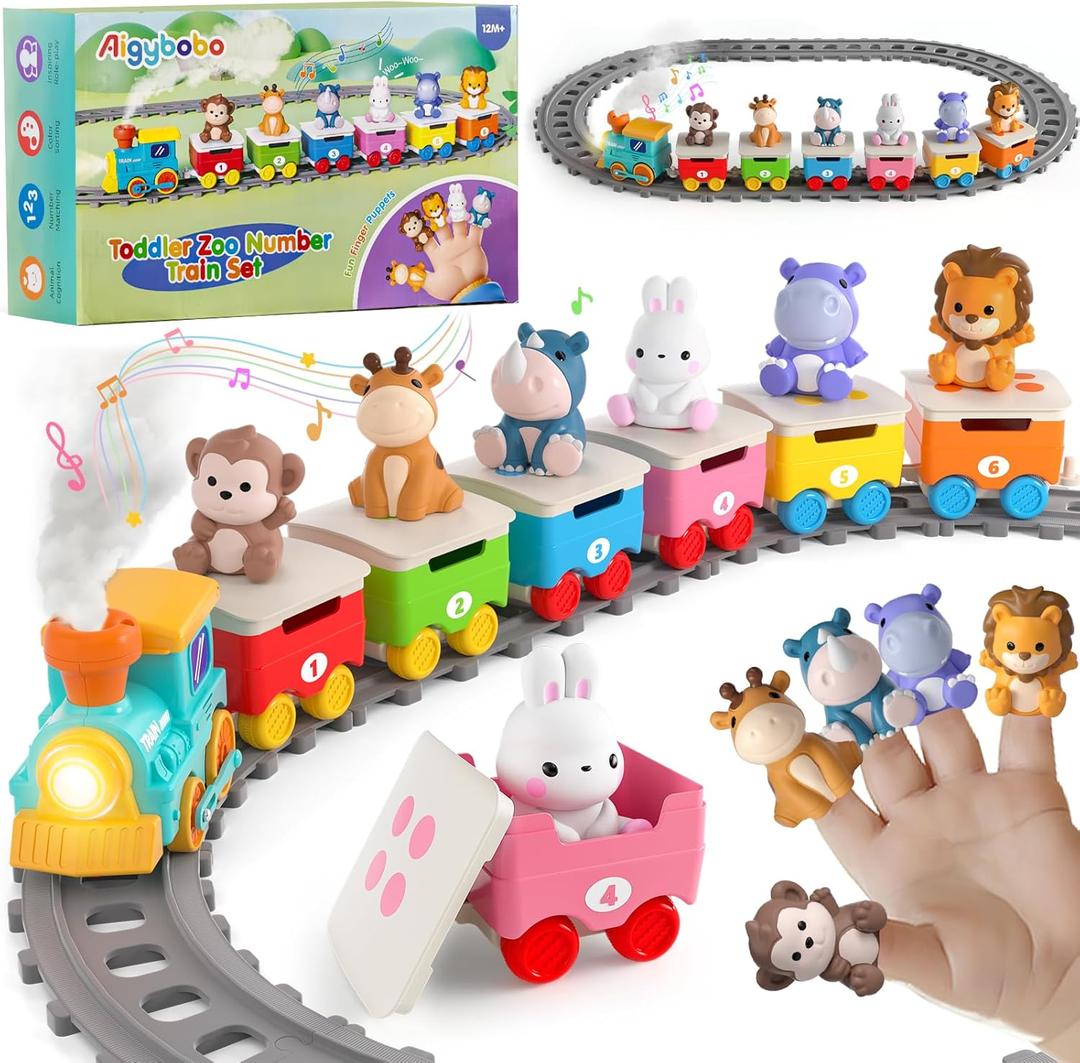 Toddler Toys for 1 2 3 Year Old, Electric Zoo Animal Train Set with Music, Lights & Steam, Montessori Counting, Matching & Sorting Learning Toys, Christmas Birthday Gifts for Baby Boys Girls 18 M+