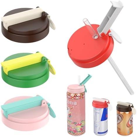 Soda Can Lids with Straw, 4-Pack Can Covers for Soda with Reusable BPA-Free, Spill-Proof & Airtight Seal, Easy to Use, Fits for S/M/L Sizes Cans for Soda, Beer, Juice, Seltzer