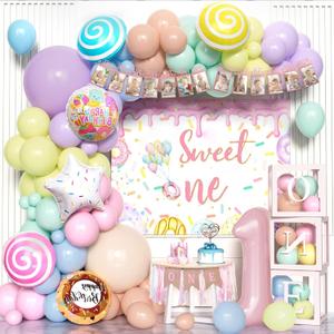 Pastel Balloons Different Sizes 18 10 5 Inch, Macaron Rainbow Latex Balloon Arch Kit for Baby Girl 1st Birthday - Including Balloon Boxes, Backdrop, High Chair Banner, Crown, and Photo Banner (Colorful)