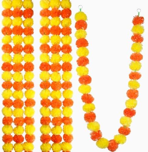 ACRYCS 6 Pcs Marigold Garland for Decoration Artificial Marigold Flowers Garland for Pooja Diwali Wedding Christmas Events 5ft Long Strands Diwali Hanging Garlands for Indian Party Decor Yellow Orange