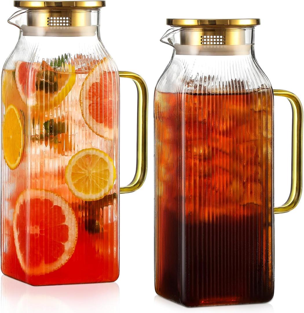 2 Pack 2 Liter/ 68 oz Square Glass Pitcher with Lid, Classic Stripes Water Pitchers with Handle for Fridge, Large Jug for Iced Tea, Coffee, Borosilicate Glass Carafe for Hot/ Cold Brew Drink, Gold