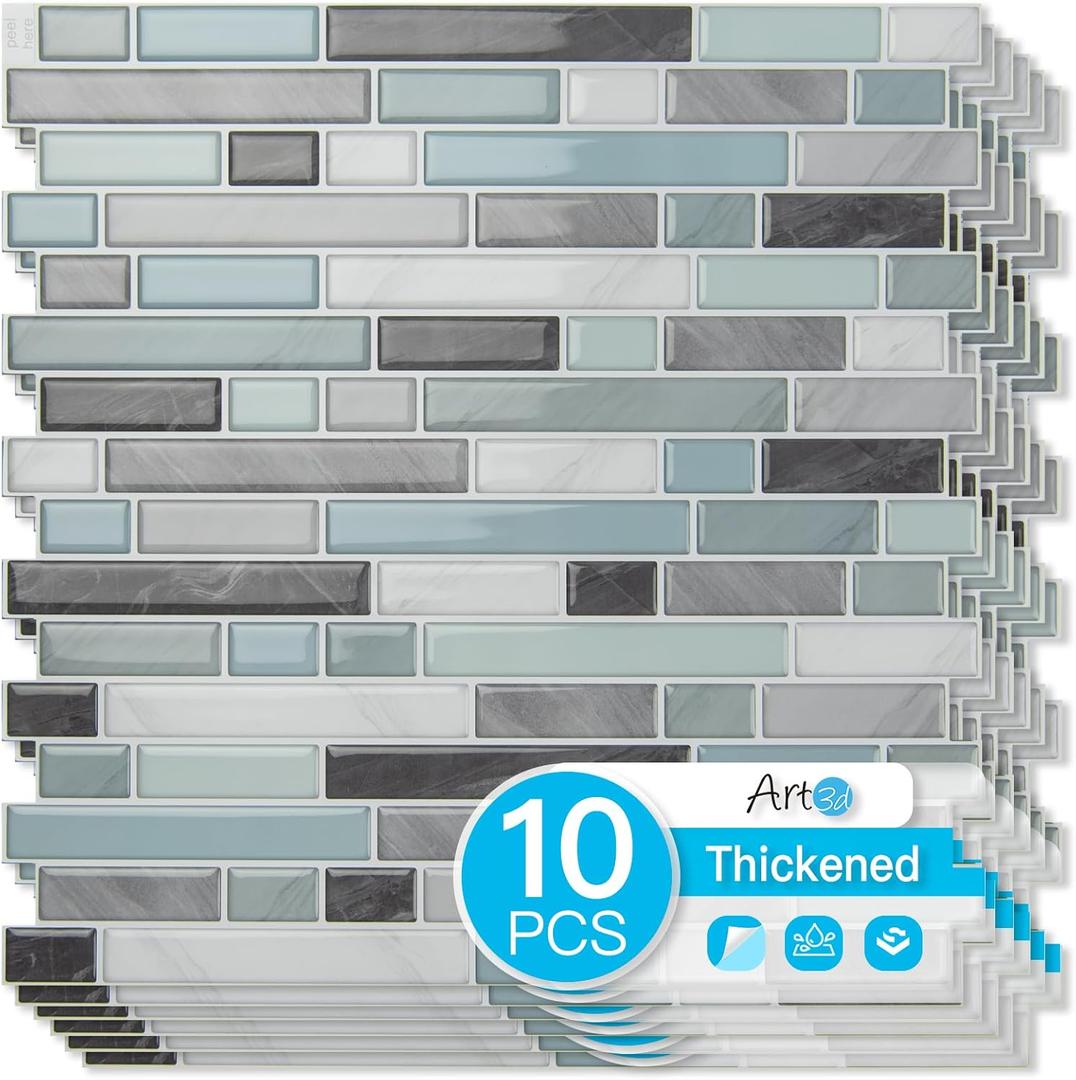 Art3d 10-Sheet Heavy-Duty Peel and Stick Backsplash, Waterproof Wall Tiles Stick on Kitchen Backsplash Living Space, Gray & Blue (12 x 12 Inch)