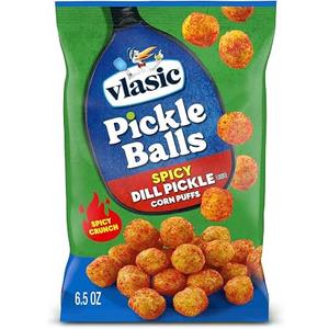 Vlasic Pickle Balls, Spicy Dill Pickle Corn Puffs, 6.5 oz. (12-pk) Vlasic Dill Pickle flavored corn puffs; gluten-free; perfect for lunchboxes & game day; a fun gift for pickle lovers BBD: 05-19-26