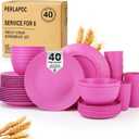 Wheat Straw Dinnerware Set 40 PCS | Service for 8 | Unbreakable Plates and Bowls Sets Plastic Reusable Dishes Sets Dinner Plates, Cereal Bowls, Water Cups Kitchen Set for Home RV- Pink