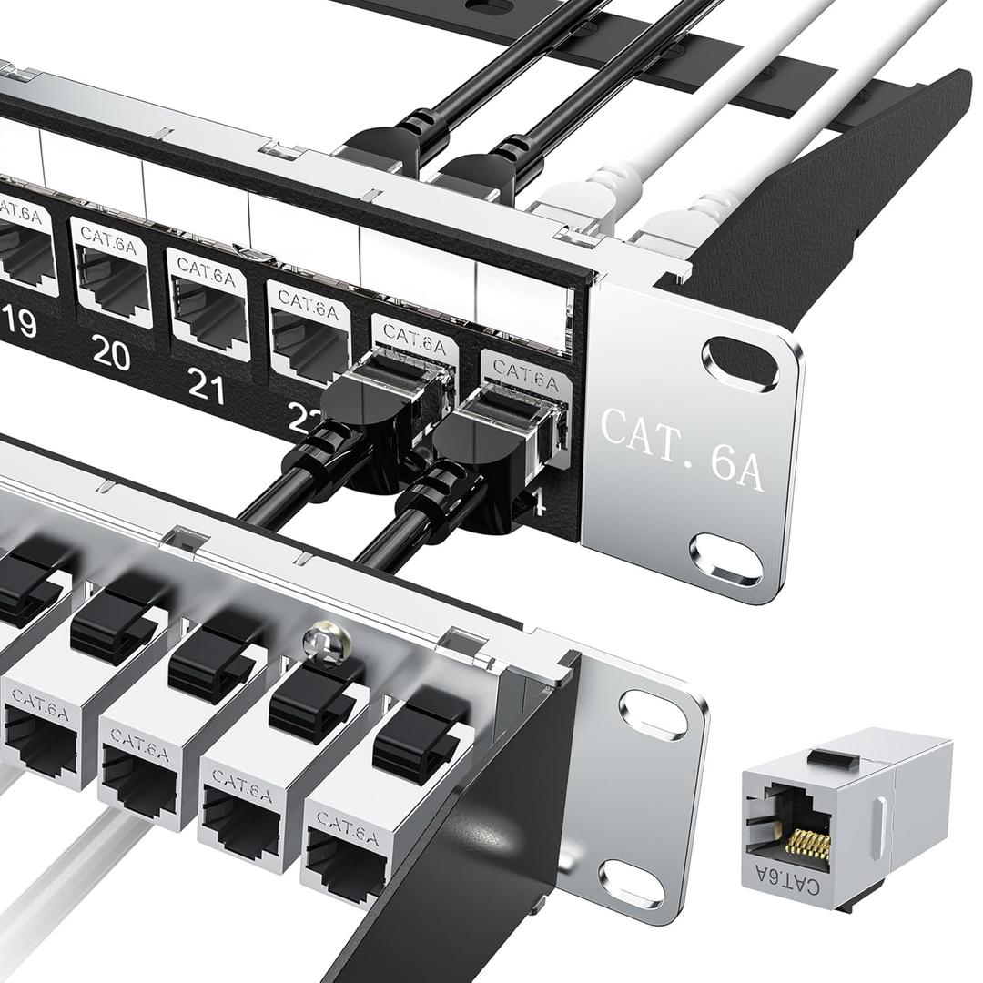 Jadaol 24 Port Shielded Patch Panel Rack or Wall Mount 19-Inch, 1U Cat6A Network Panel Preloaded with 24 Keystone Couplers Plus 1 Spare, 10Gbps Ethernet Panel with Cable Management & Back Support Bar