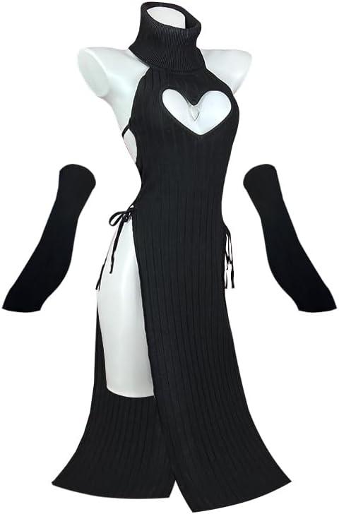 KORURACLUB Sexy Dress Cheongsam Halloween Costume premium sweater cosplay lingerie High Slit Long Dress (Black, XS/ M)