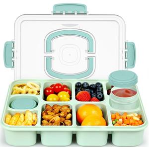 Caperci Original Snackle Box Container - 10-Compartment Divided Snack Serving Tray with Lid & Handle, Built-in 2 Dressing Containers, Leak-Proof, Dishwasher Safe, BPA-Freen (Mint Green)