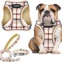 GAMUDA Small Dog Harness Collar and Leash Set, Step in No Chock No Pull Soft Mesh Adjustable Dog Vest Harnesses Plaid Reflective for Dogs Puppy Cats Kitten Rabbit (Beige, L)