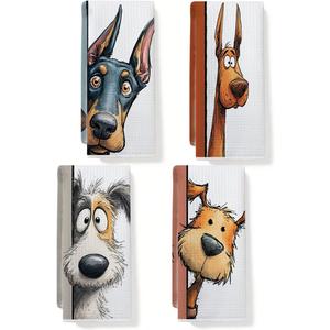 JIUWEIHU 4 Pcs Funny Dog Kitchen Towels, Cute Dogs Gifts Hand Tea Towels for Kitchen Bathroom Home Decor, Dogs Waffle Weave Absorbent Dish Towel, Dog Lover Gifts for Women Men Friend 14x24 Inches
