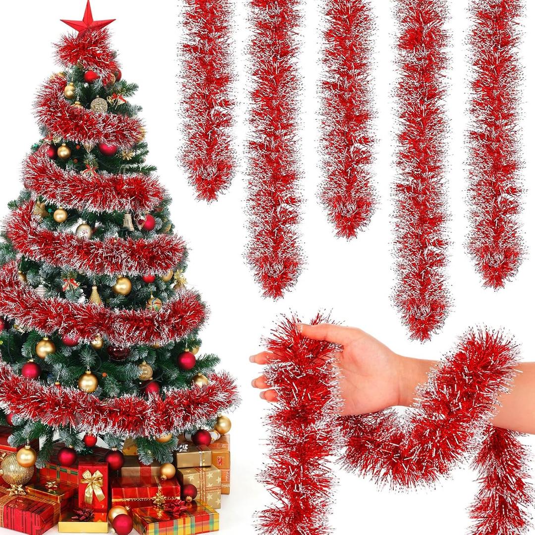 Poen 100 ft Christmas Tinsel Garland Christmas Tree Decorations Metallic Tinsel Thick Twist Garland Xmas Party Supplies for Indoor Outdoor Fireplace Mantle(Red, White)