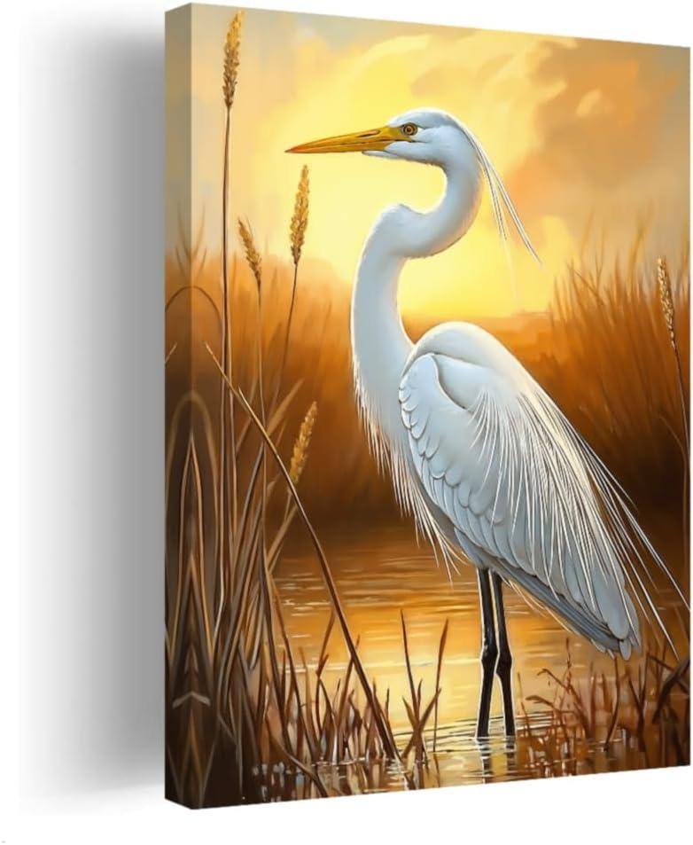 CCWORKERRY White Heron Pictures Bathroom Wall Decor Coastal Bird Couple Painting Beach Egret Poster Wildlife Reed Canvas Prints Hallway Decor(Yellow,16L x 24W)