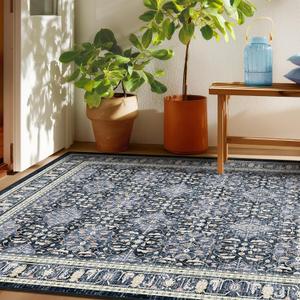 Dark Blue Area Rug 6x9, Boho Floral Moroccan Trellis Printed Transitional Style Rugs for Living Room Bedroom, Washable Non Slip Low Pile Thin Carpet Rug for Dining Room Guest Room Home Office