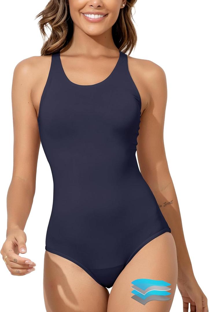 Beautikini Period Swimwear Women's One Piece Leak Proof Menstrual Bathing Suit Racerback Training Swimsuit for Teens Girls (Medium, Navy Blue)