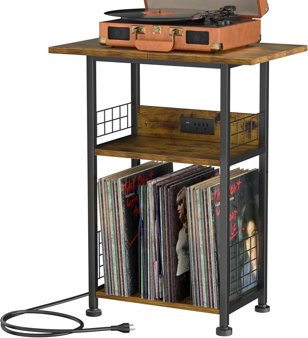 Large Record Player Stand 3-Tier Rustic Brown Vinyl Storage Table with Charging Station, Stylish Turntable Organizer for Living Room & Bedroom, Elegant Gift for Music Lovers & Vinyl Enthusiasts