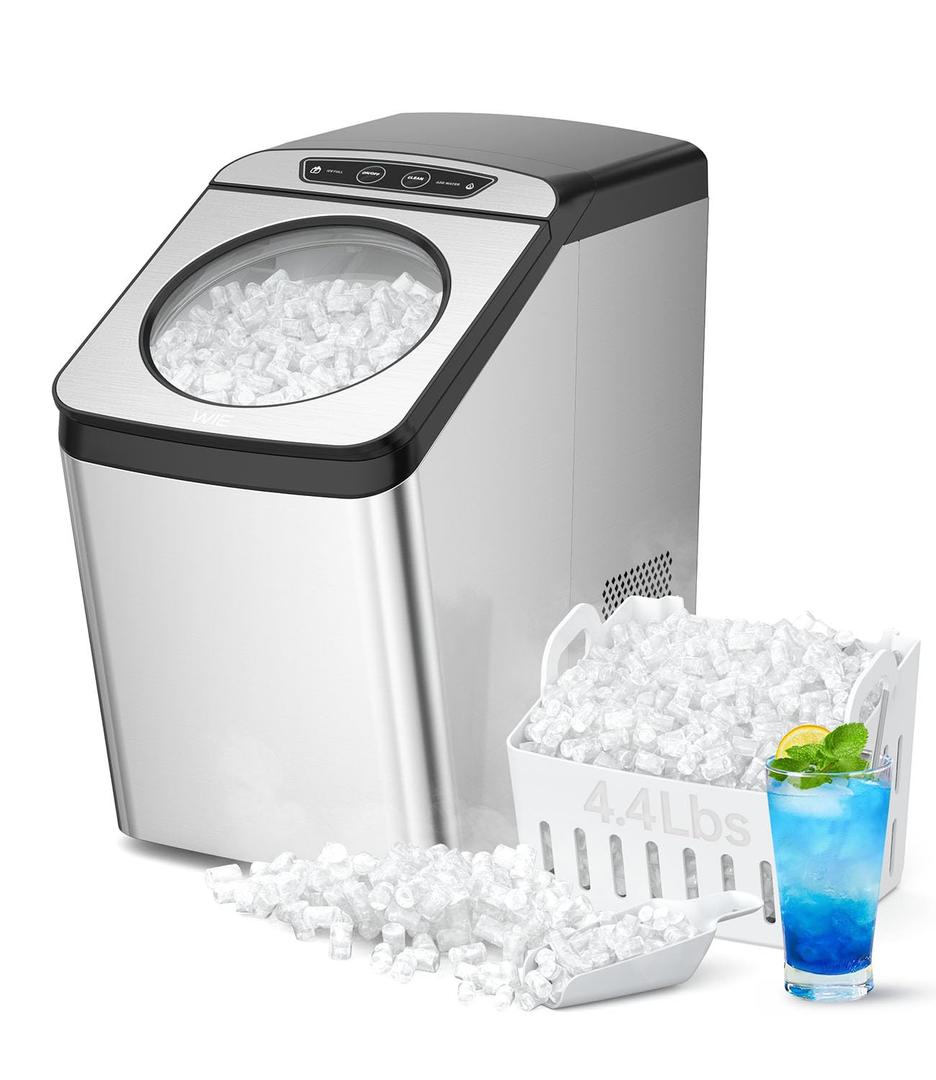 WIE Nugget Ice Maker Countertop, 44 lbs in 24 Hours, Pellet Ice Maker Machine with Self-Cleaning, 0.75 Gallon Tank & Scoop Included, Crushed Pebble Ice Makers for Home/Office/Bar/Party, Silver