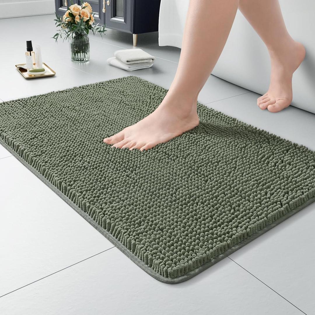 LOCHAS Luxury Bathroom Rug Shaggy Bath Mat 20 x 30 Inch, Washable Non Slip Bath Rugs for Bathroom Shower, Soft Plush Chenille Absorbent Carpets Mats, Sage Green