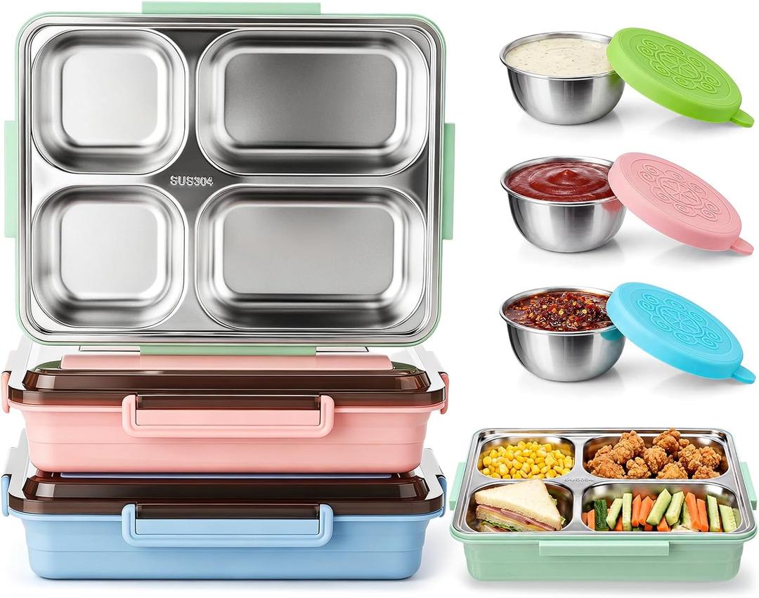 FoldTier 3 Pack Stainless Steel Lunch Boxes Includes 3 Lidded Condiment Cups, 4 Compartment Bento Box Set, Leakproof Lunch Container, Dishwasher Safe for Work, Office, Picnic, Travel(Assorted Colors)