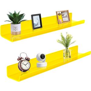 ROYALITA 24 Inches Acrylic Floating Book Shelves Wall Mounted Set of 2, Wall Hanging Plant Display Shelves, Room Decor Floating Wall Shelves for Gaming Room, Bedroom, Living Room, Office, Yellow