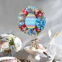 18" Easter Mesh Wreath for Front Door Artificial Flower Wreath with Happy Easter Wooden Board Bows for Spring Farmhouse Holiday Hanging on Home Indoor Outdoor Front Door Wall Decorations