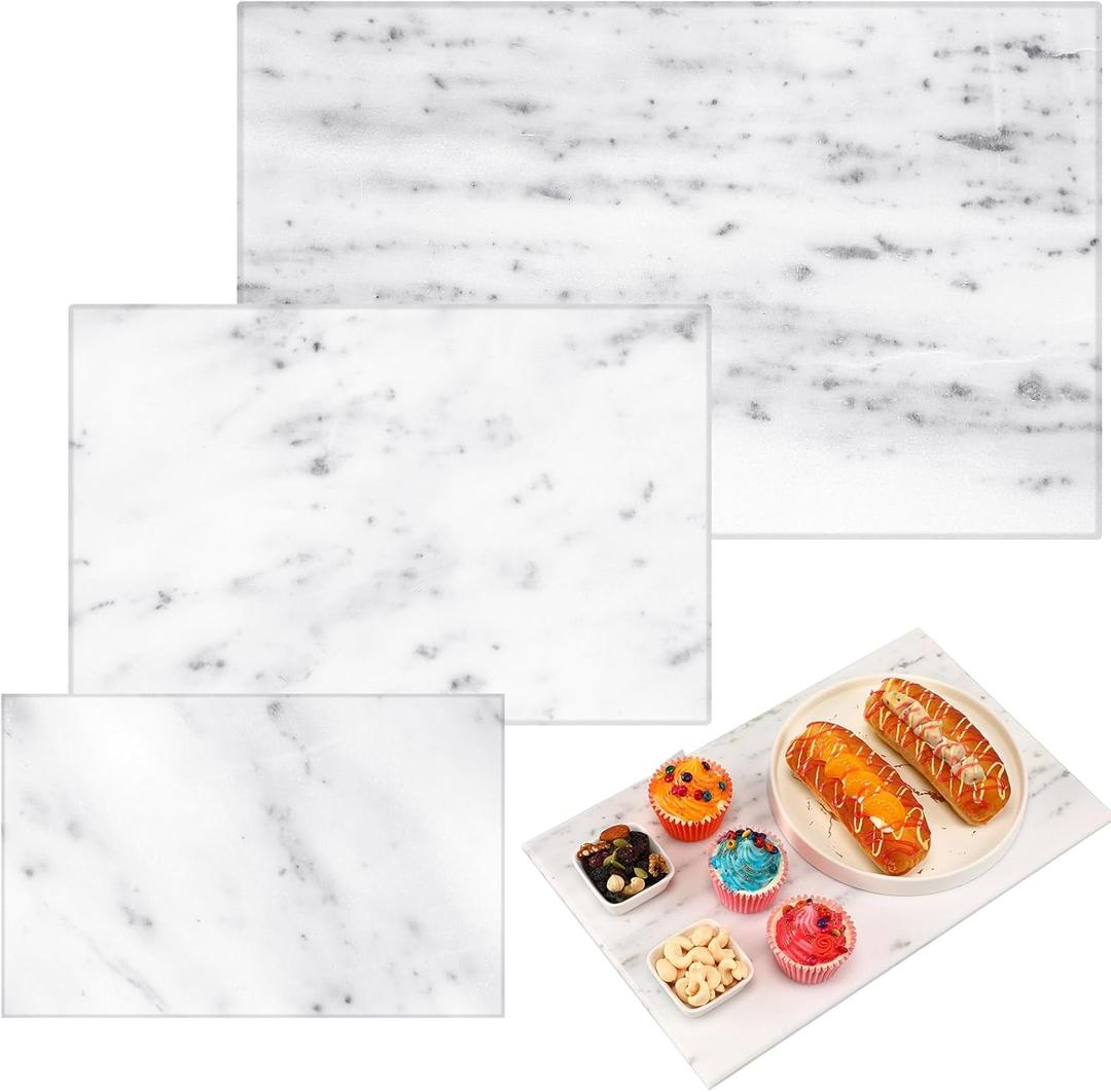 Hushee 3 Pcs Marble Cutting Board for Kitchen Marble Serving Tray Platter Different Sizes 9 x 6'' 12 x 8'' 16 x 10'' Non Slip Feet Pastry Cheese Tray for Pizza Bread Cake Baking Display(White)