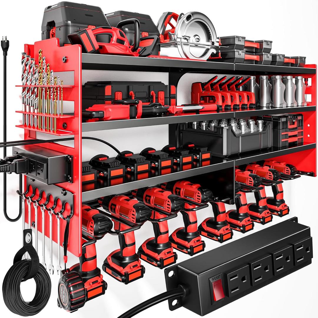 POKIPO Large Power Tool Organizer Wall Mount with Charging Station,4 Layer Heavy Duty Metal Tool Storage Shelf Loads 600lbs,Battery Utility Rack With 4 Outlet Power Strip with 8 Cordless Drill Holder (Red)