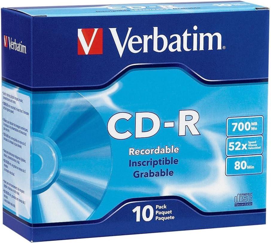 Verbatim Cd-R Recordable Disc, 700 Mb/80 Min, 52x, Slim Jewel Case, Silver, 10/Pack