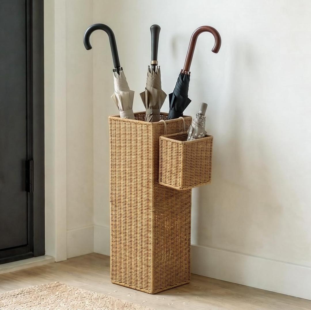 Rattan Umbrella Stand with Drip Tray,Umbrella Holder with Small Basket for Entryway, Tall Wicker Basket for Storage, Woven Organizer for Inoor, Outdoor, Home, Office, Hotel