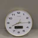 Wall Clock, 14" Dial Non-Ticking Silent Battery Operated Analog with LCD Display for Perpetual Calendar and F° Temperature, Ideal Modern Home, Bedroom, Kitchen, Office Decor (Gold)