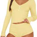 REVETRO Fall Womens 2 Piece Pajama Sets Sexy PJ Shorts Y2k V Neck Long Sleeve Lounge Set Sleepwear with Button Down XS