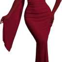 ChiaoLezhee Women's Bodycon Dress with Scarf & Gloves, Tube Ruched Slit Maxi Elegant Dress Set for Evening Party (Red, L)