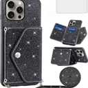 Phone Case for iPhone 15 Pro Max 6.7 inch Wallet Cover with Tempered Glass Screen Protector and Crossbody Strap Bling Glitter Card Holder iPhone15promax 5G i Phone15Max Plus iPhone15 ProMax Black