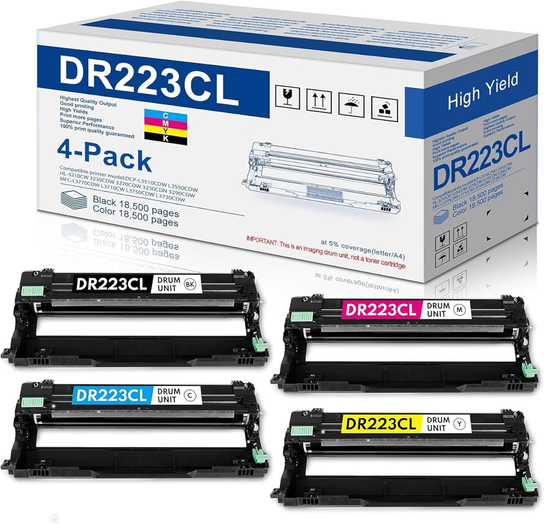 DR223 DR223CL Drum Unit Set 4 Pack Replacement for Brother DR223CL DR-223 DR-223CL Drum MFC-l3770CDW Drum for MFC-l3710CW MFC-l3750CDW HL-l3270CDW Printer (1Black, 1Cyan, 1Magenta, 1Yellow)