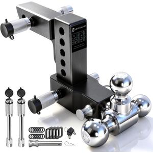 Adjustable Trailer Hitch Fit 2 Inch Receiver, Tri-Ball (1-7/8", 2", 2-5/16") Heavy Duty Aluminum Tow Hitches with 6 Inch Rise/Drop for Truck (12500 LBS GTW)-Weatherproof & Anti-Theft