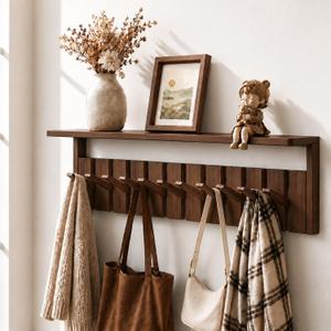 Coat Rack Wall Mount with Shelf, Wood Coat Rack with 12 Hooks, Decorative Wall Storage for Entryway, Bedroom, Bathroom, Living Room and Office