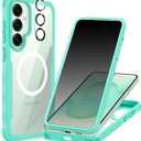 CENHUFO Magnetic Privacy for Samsung Galaxy S25 Plus Case, Full Body Phone Case with Built-in 9H Tempered Glass Privacy Screen Protector and Camera Lens Cover, Shockproof Protective Bumper - Green