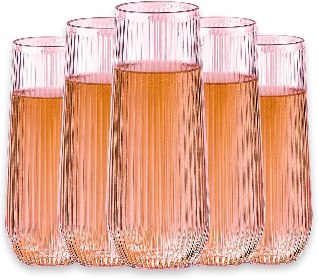 48 Pack Plastic Ribbed Champagne Flutes, 9 Oz Stemless Disposable Pink Clear Plastic Toasting Glasses Shatterproof Recyclable and BPA-Free Perfect For Wedding