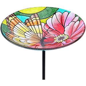 Glass Bird Baths for Outdoors-Outdoor Bird Bath Bowl - Butterfly and Flower Birdbaths Yard Stake, Bird Feeders for Outside, Garden, Patio, Lawn Decor