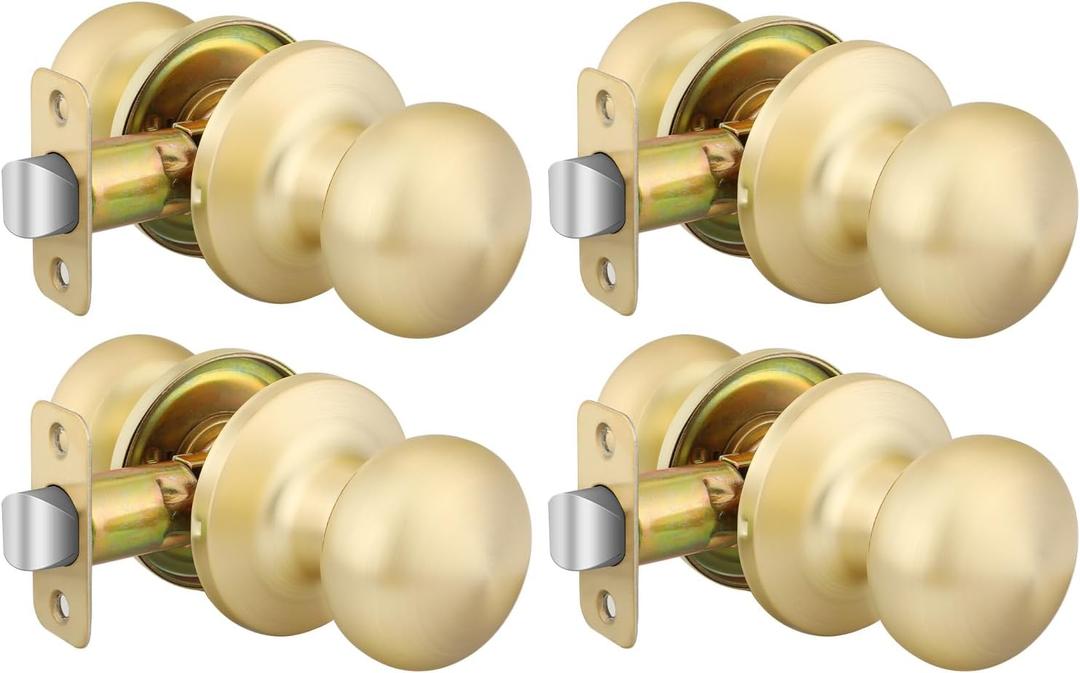 goldenwarm Gold Closet Door Knobs, Passage Door Knobs, Brushed Gold Door knob Without Lock for Hallway, Closet (4 Pack)