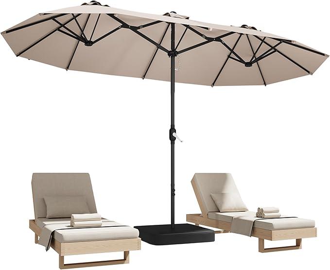 15ft Patio Umbrella with Base,Large Outdoor Double-Sided Rectangle Umbrella | with Crank Handle, Market Umbrella for Poolside Garden Deck Backyard Beach Pools, Beige