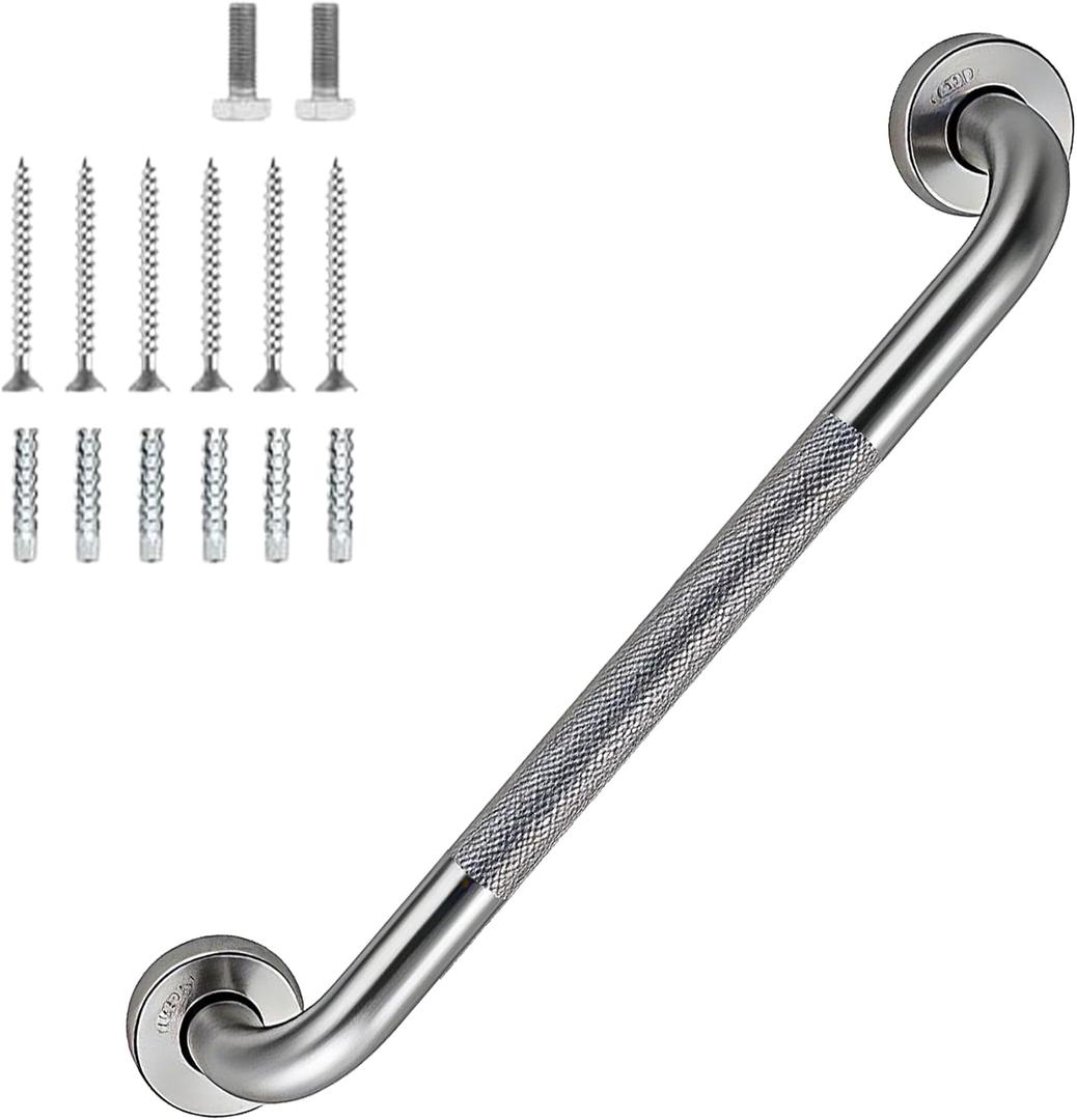 16 Inch Shower Grab Bar 1.25" Dia Brushed Nickel Anti Slip Bathroom Grab Bar, 304 Stainless Steel Knurled Handicap Grab Bars, Safety Support Handrail Bath Shower Handle for Elderly Injury Senior