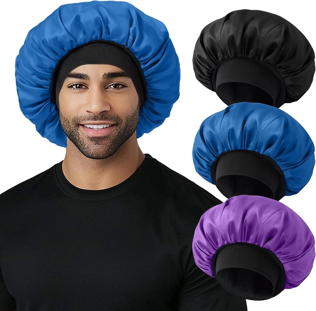 3Pcs Satin Bonnets for Men, Hair Bonnet for Sleeping Women Soft Elastic Band Silk Sleep Bonnet for Curly Hair Braids