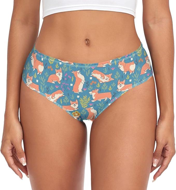 Women's Underwear Brief Breathable Soft Knickers Dogs Corgi Breed Flowers, X-Large Multi