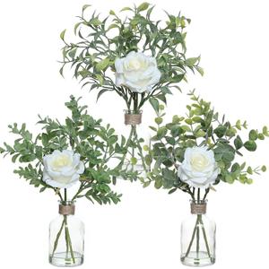 3 Pack Mini Fake Plants and Artificial Flowers with Faux Water in Vase,Silk Roses and Eucalyptus with Fake Water in Glass Vase for Centerpiece Table Decorations Kitchens Office Home decor (White)